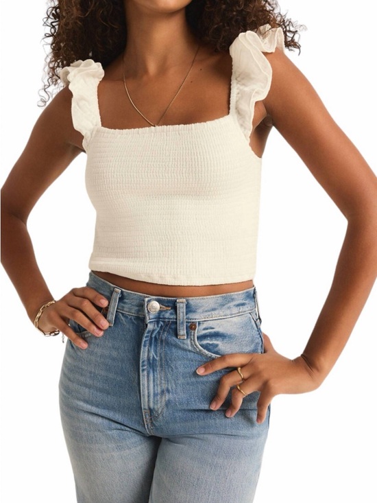 Z Supply Tops - Z Supply White Smocked Crop Tank Ruffle Strap Summer Top Size Small NWT